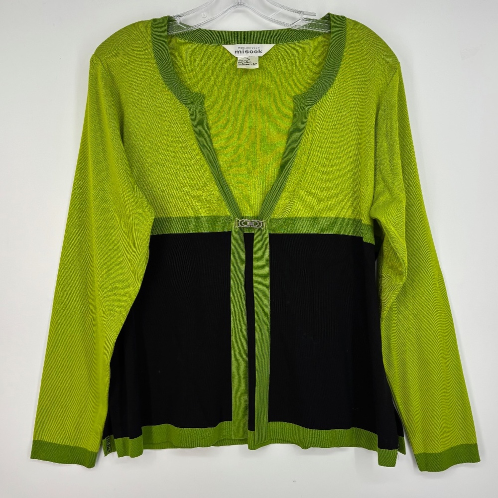 Exclusively Misook Womens Small Cardigan Sweater Green Black Acrylic Clasp Close